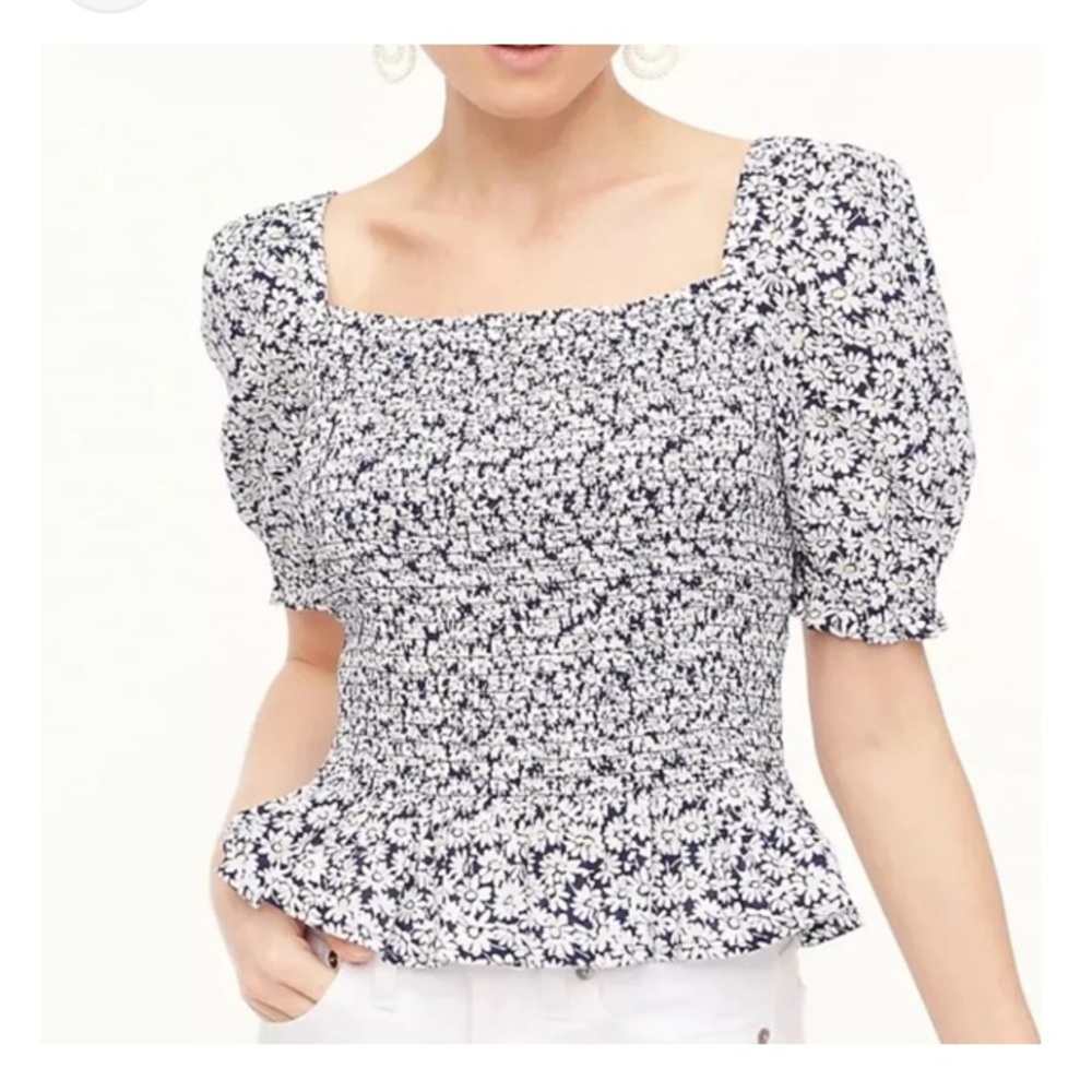 J. Crew Navy Floral Smocked Puff Sleeve Crop Top size S - Picture 2 of 12